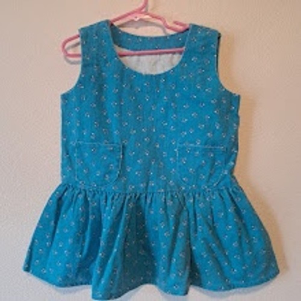 Vintage Turquoise Corduroy Floral Jumper Dress Kids Sleeveless Pinafore Blue